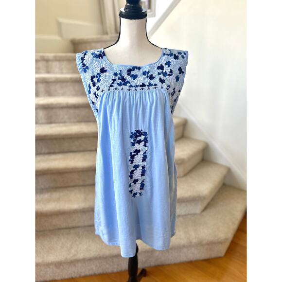 J.Marie Sky Blue Embroidered Floral Mexican Style Shift Dress - Picture 1 of 7